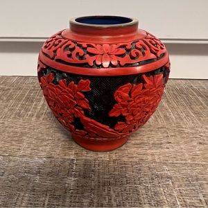 Vintage Asian Chinese Carved & Lacquered Cinnabar Ginger Jar Enameled